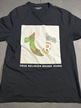 True Religion Black Graphic T-Shirt XL Camo Logo Cotton Casual Made In India